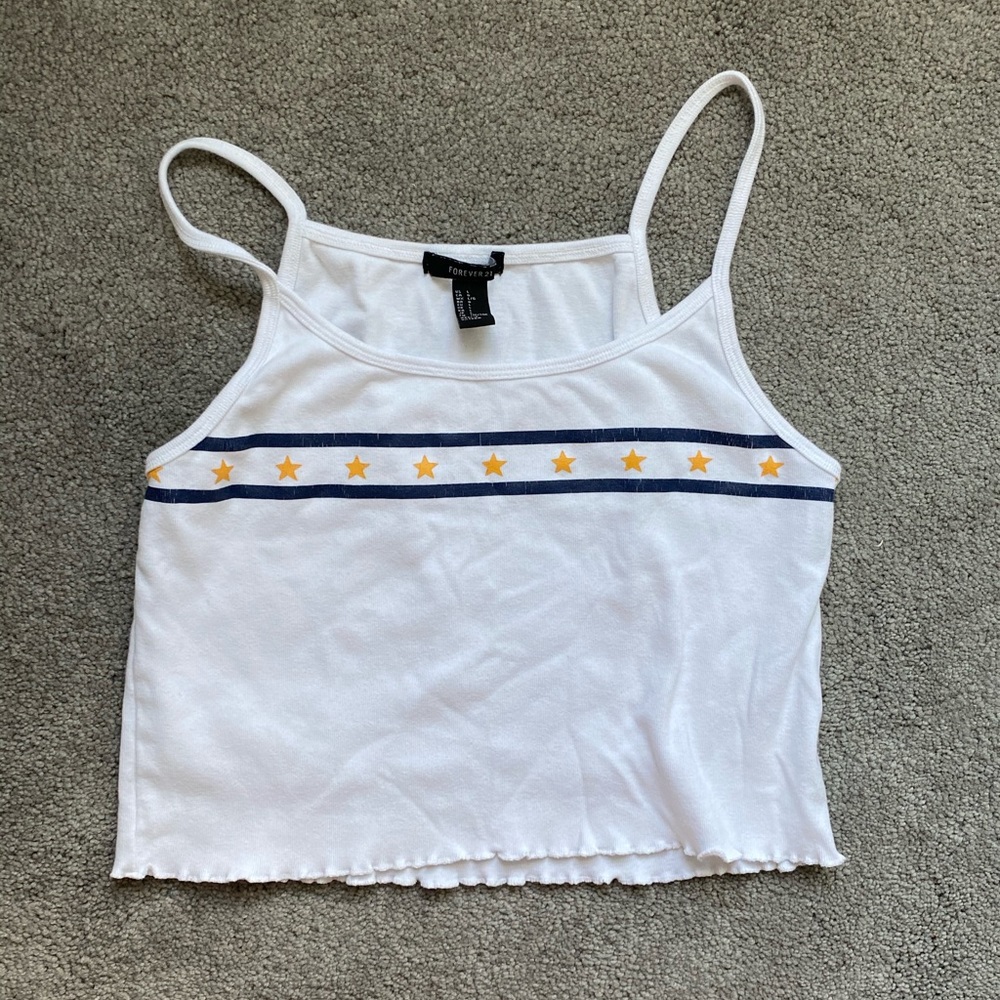 White Cropped Tank with Navy and Yellow Stars